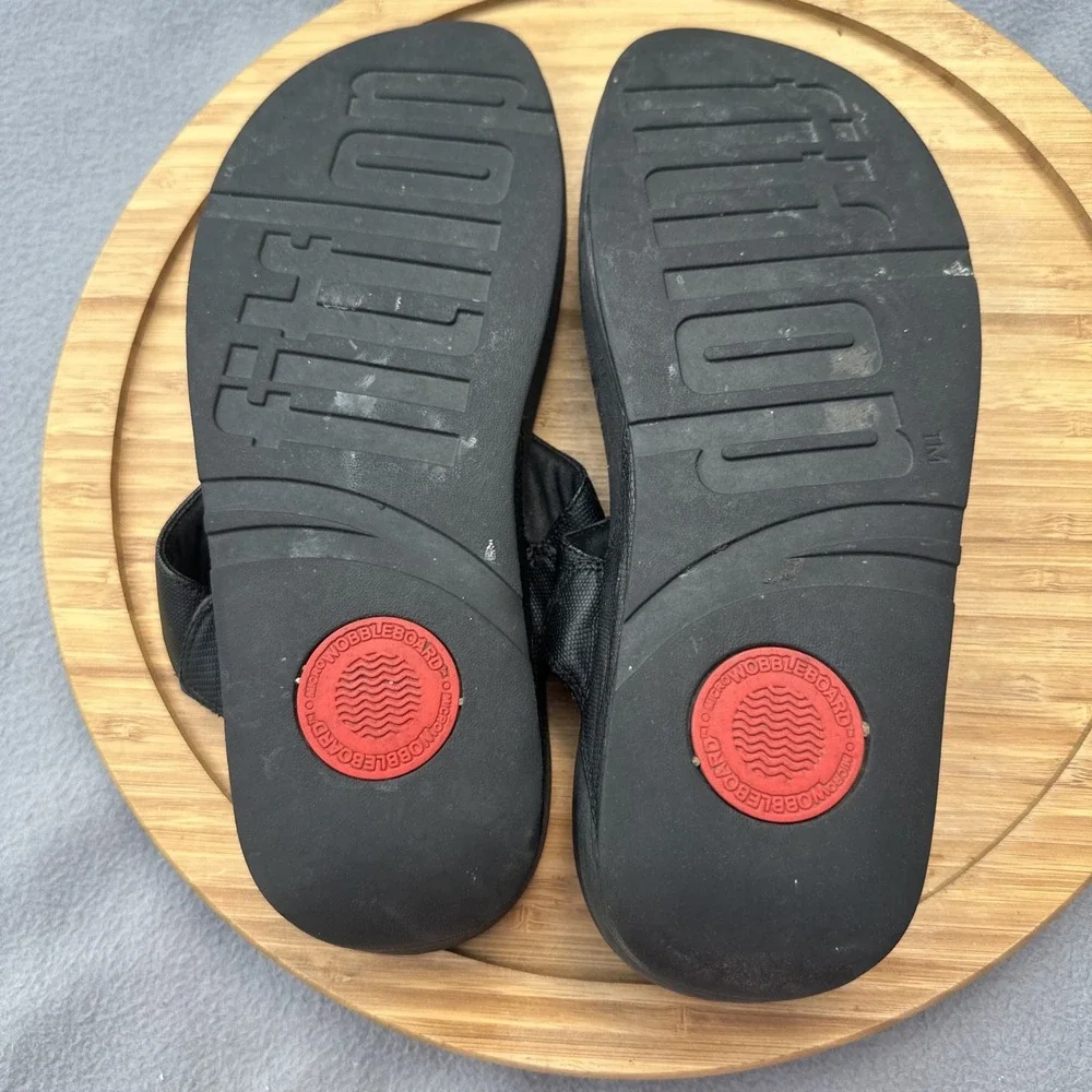 FitFlop Lulu Flip Flops Comfort Sandal Shoes Womens 10 Black Leather Wedge